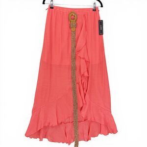 A Byer Womens M Coral Ruffle Wrap Skirt Belted Midi Flowy Boho Summer